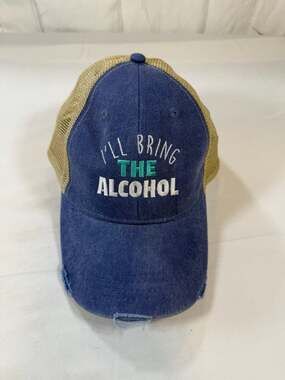 Adams I'll Bring The Alcohol Distressed Trucker Hat Blue Tan Snapback